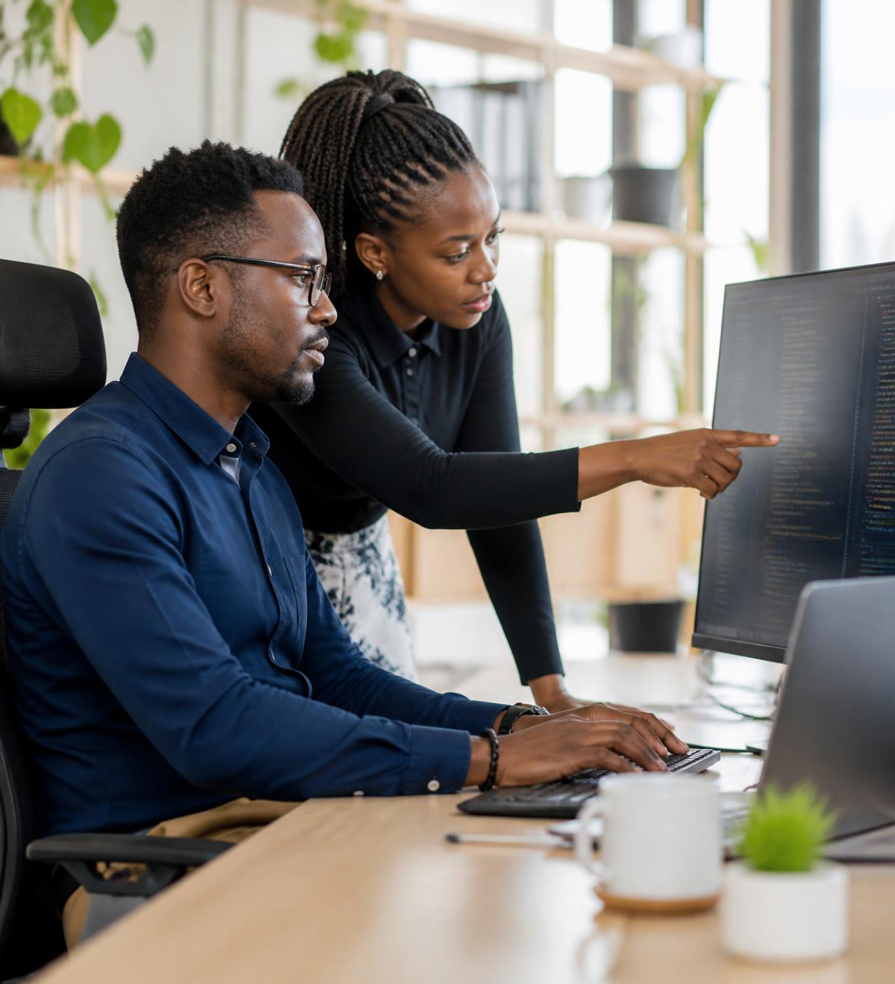 SERVIO TECH developers reviewing application code together
